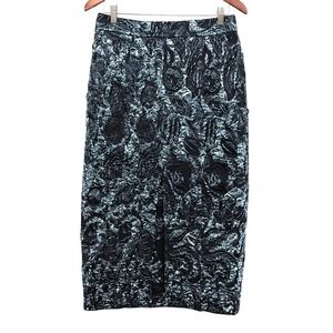 Jason Wu Collection Pencil Skirt Womens 6 Navy‎ Metallic Silk Jacquard Midi NEW